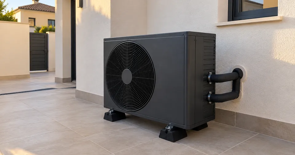Instalación de bomba de calor Unidad exterior de bomba de calor en una terraza residencial