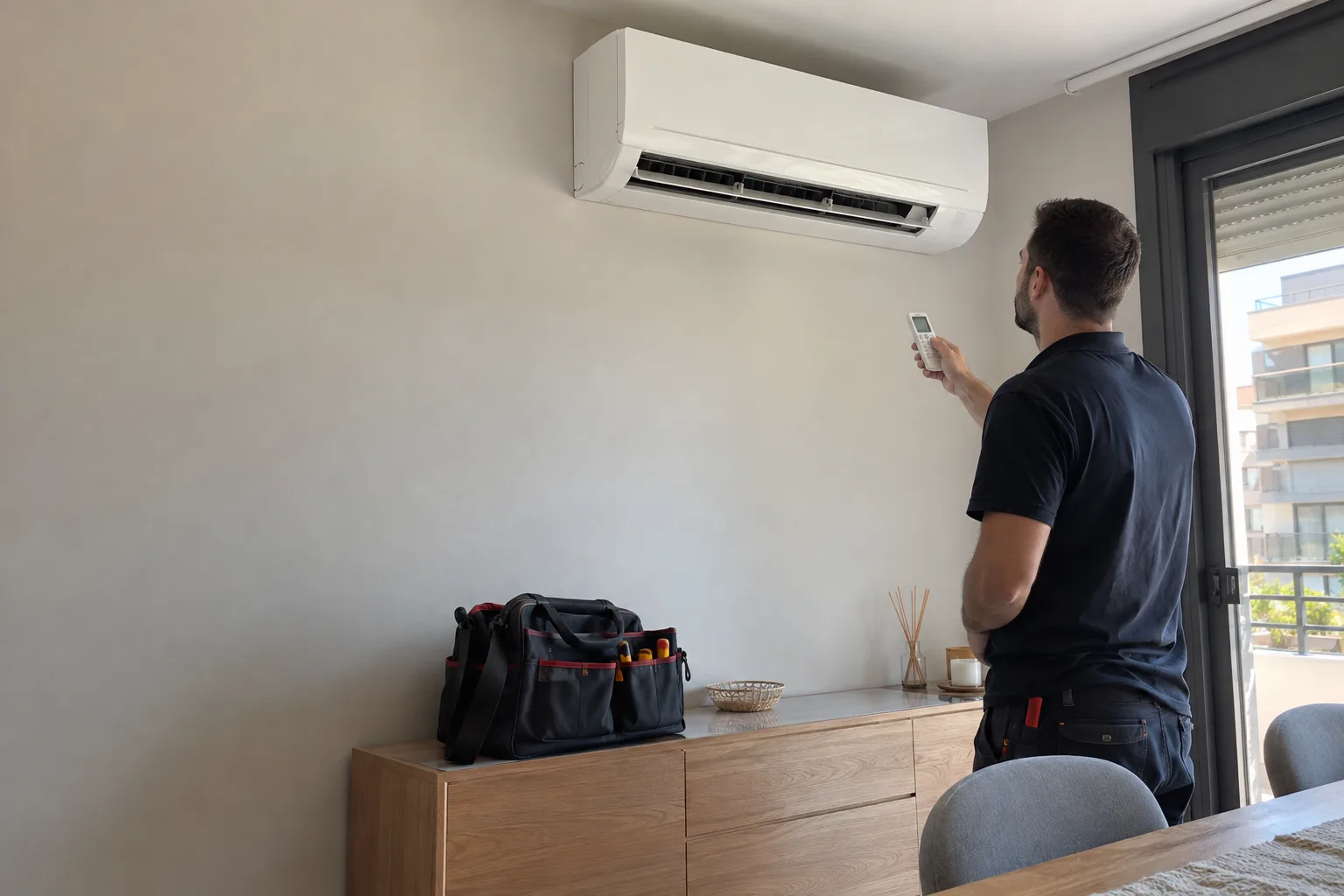 Técnico comprobando un aire acondicionado split de pared con su mando